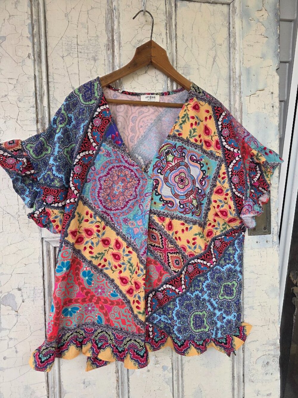 Umgee Boho Oversized Floral Ruffled Hem Patchwork Blouse Size Medium
